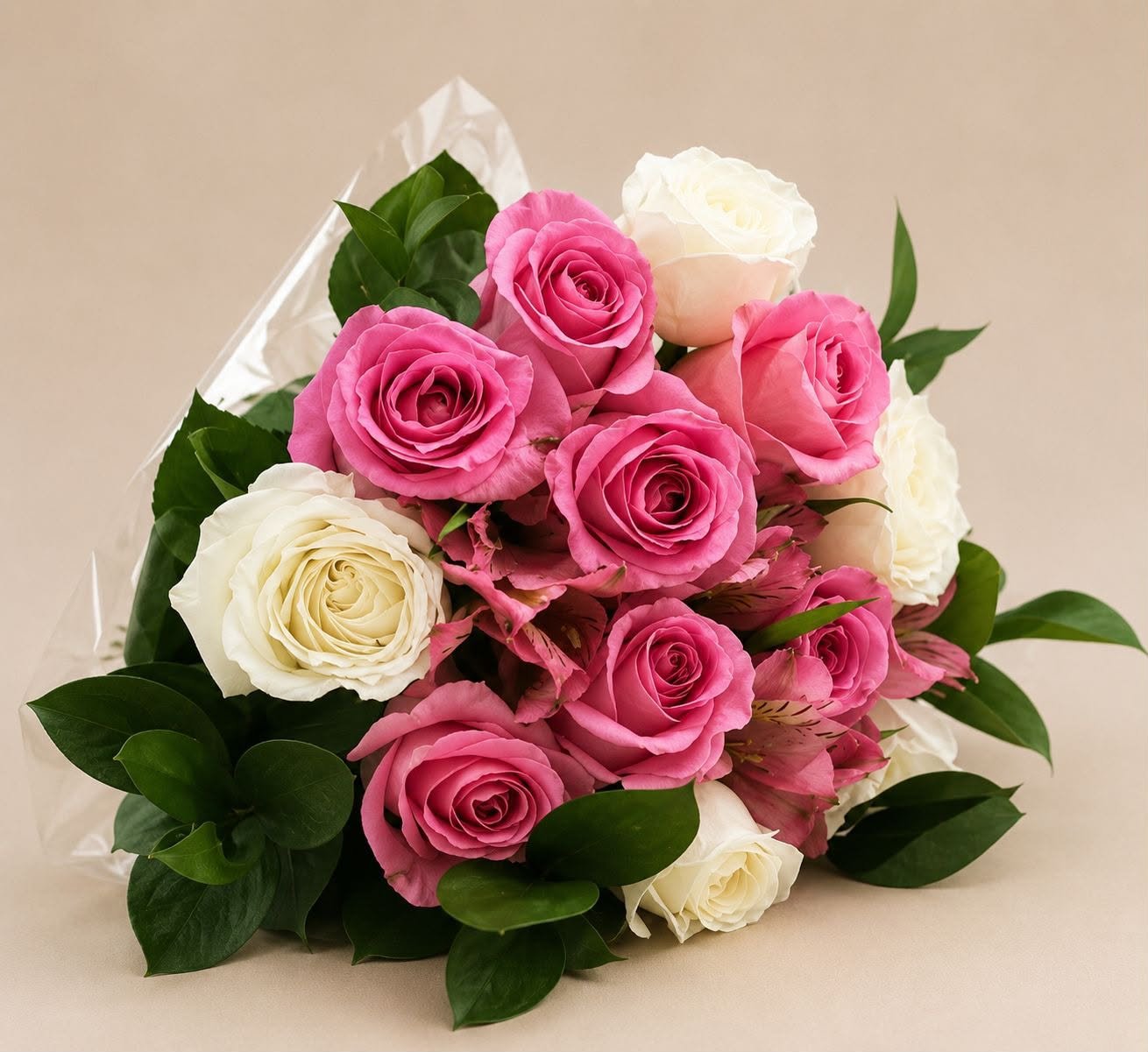Buquê 6 rosas brancas e 6 rosas cor de rosas