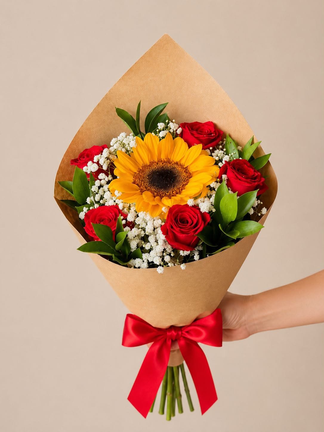 Buquê 5 Rosas colombianas + 1 girassol
