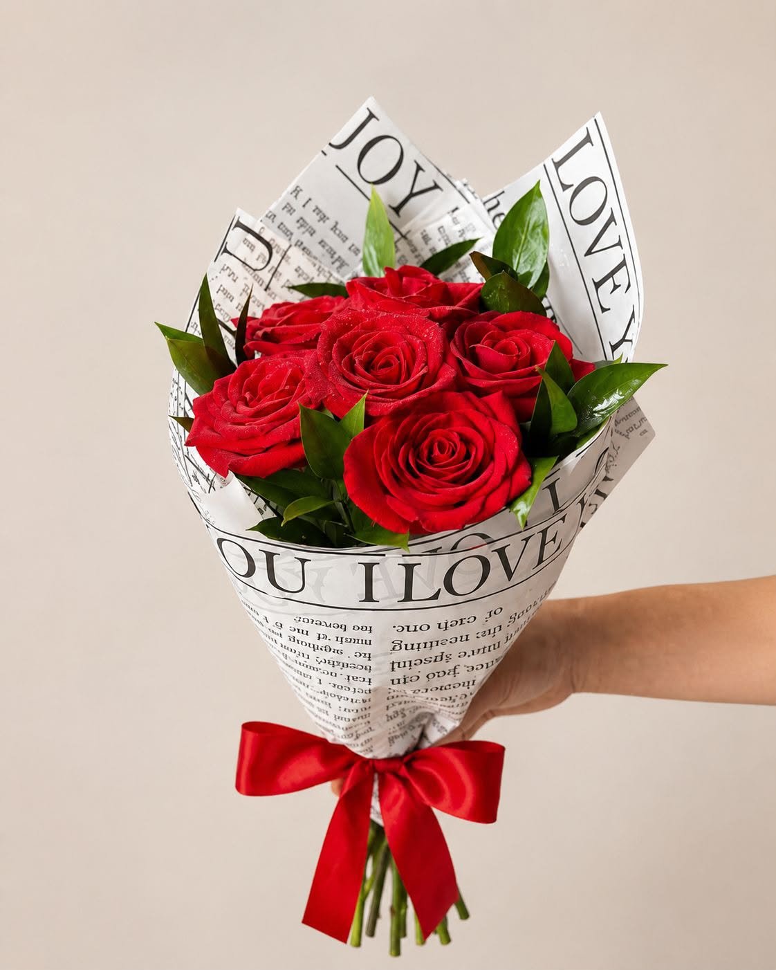 Buquê 6 Rosas colombianas vermelhas no jornal